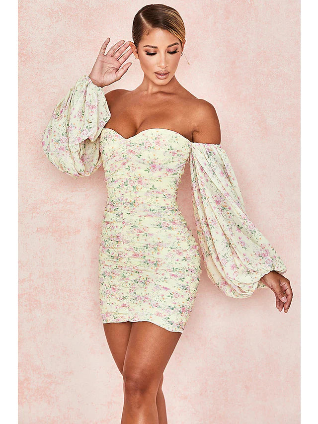 DingjiSexy Floral Party Wear Cocktail Party Dress Off Shoulder Long Sleeve Short Mini Spandex with Ruched Pattern Print