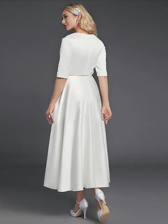 DingjiA-Line Minimalist Elegant Homecoming Cocktail Party Dress V Neck Half Sleeve Tea Length Satin with Ribbon Pleats