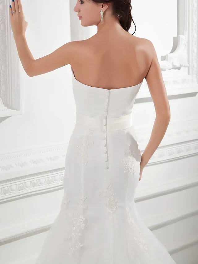 DingjiWedding Dresses Strapless Chapel Train Lace Satin Tulle Strapless with Bow(s) Buttons Beading