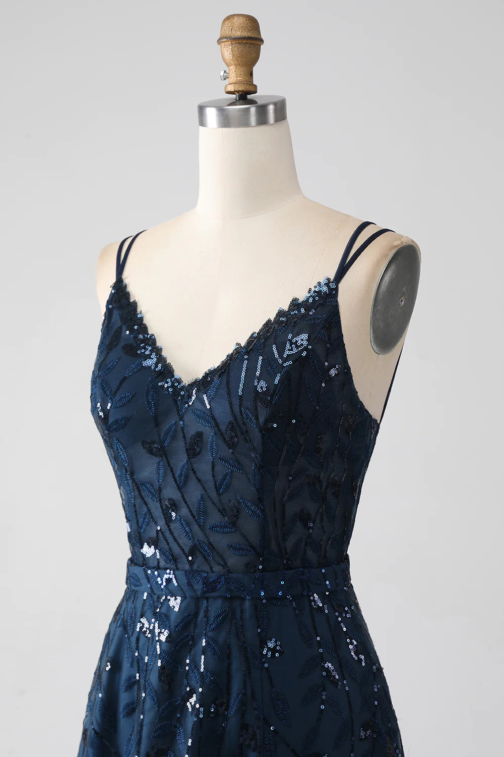 A-Line Dark Navy Spaghetti Straps Long Prom Dress with Slit