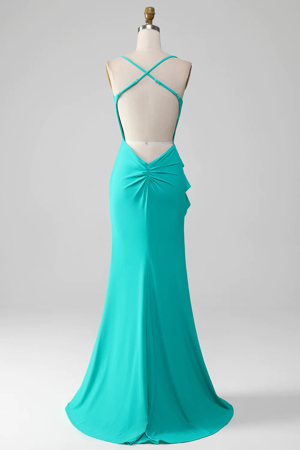 Turquoise Spaghetti Straps Open Back Mermaid Pleated Prom Dress