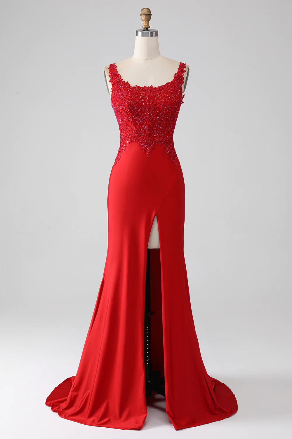 Red Beaded Long Prom Dress with Slit