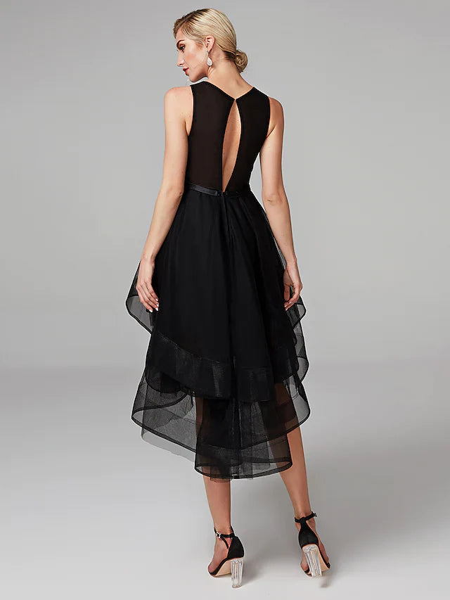 DingjiBall Gown Sparkle & Shine High Low Keyhole Cocktail Party Prom Dress Jewel Neck Sleeveless Knee Length Satin Tulle with Beading Cascading Ruffles