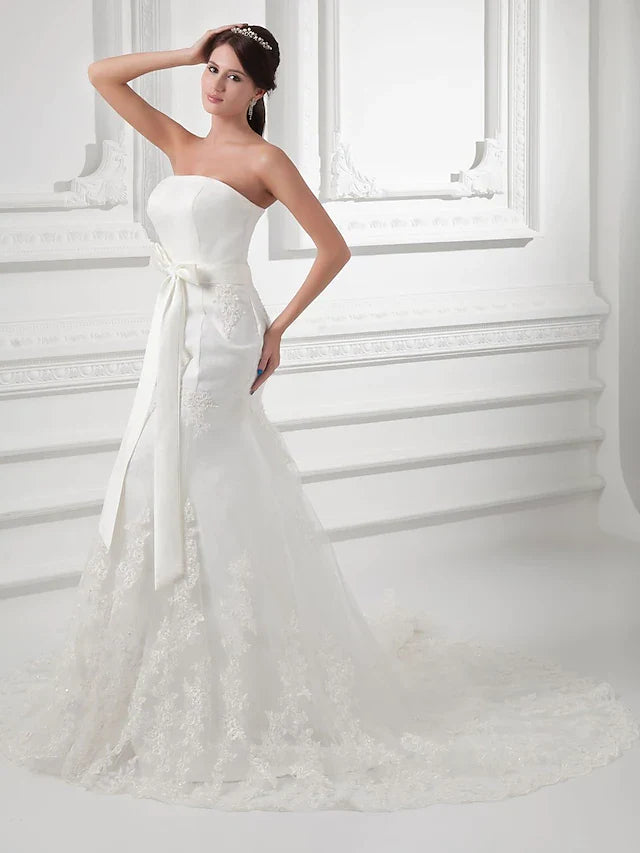 DingjiWedding Dresses Strapless Chapel Train Lace Satin Tulle Strapless with Bow(s) Buttons Beading