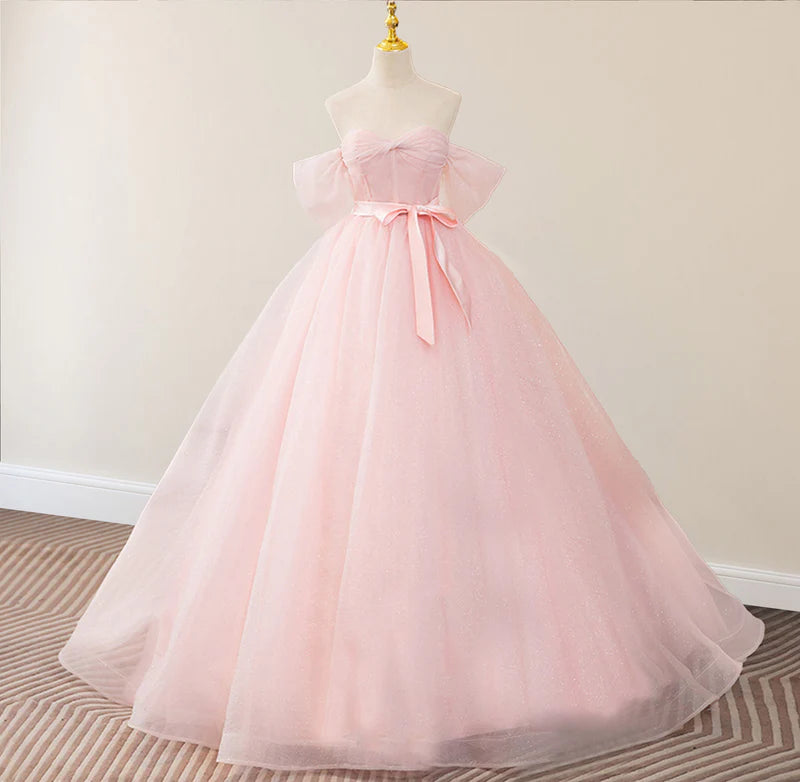 Junoesque Pink Ball-Gown Tulle Sweetheart Floor-Length Wedding Dress