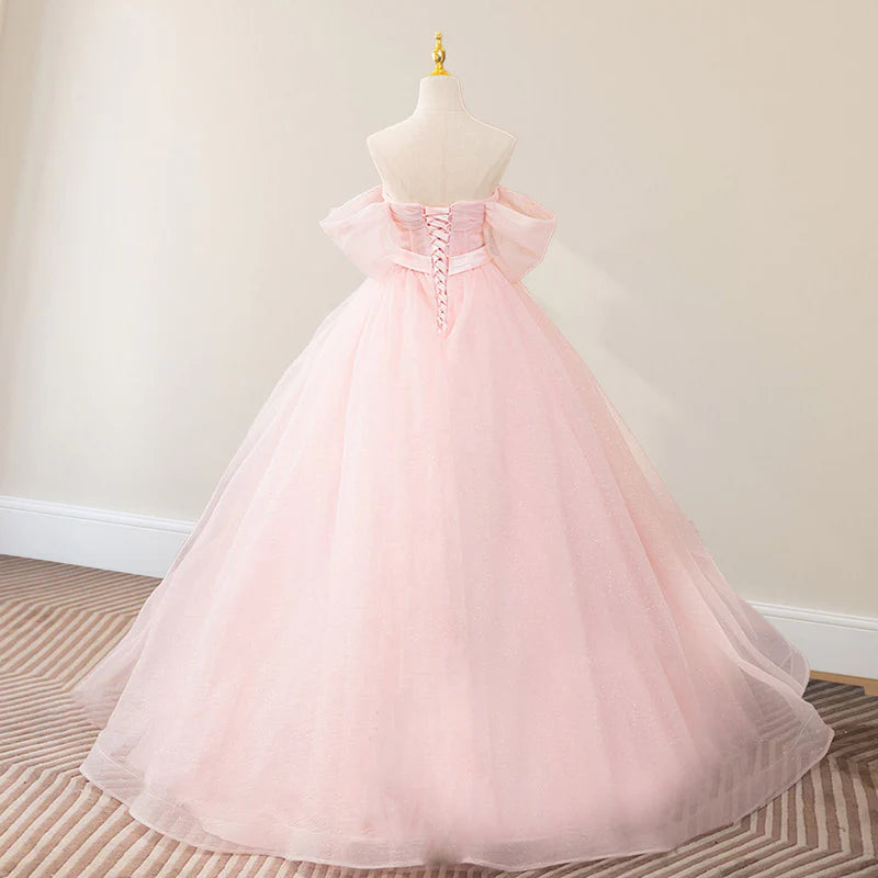 Junoesque Pink Ball-Gown Tulle Sweetheart Floor-Length Wedding Dress