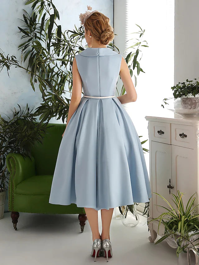 DingjiA-Line Elegant Vintage Inspired Cocktail Party Prom Dress V Neck Sleeveless Tea Length Spandex with Sash Ribbon