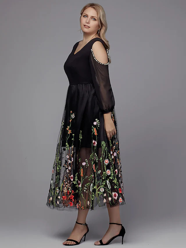 DingjiA-Line Plus Size Holiday Cocktail Party Valentine's Day Dress V Neck 3 Length Sleeve Tea Length Tulle with Beading Appliques