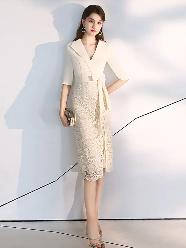 DingjiElegant bodycon Homecoming Cocktail Party Dress V Neck Half Sleeve Knee Length Lace Stretch Fabric with Sash Ribbon