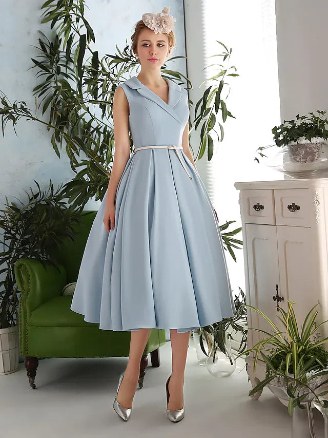 DingjiA-Line Elegant Vintage Inspired Cocktail Party Prom Dress V Neck Sleeveless Tea Length Spandex with Sash Ribbon