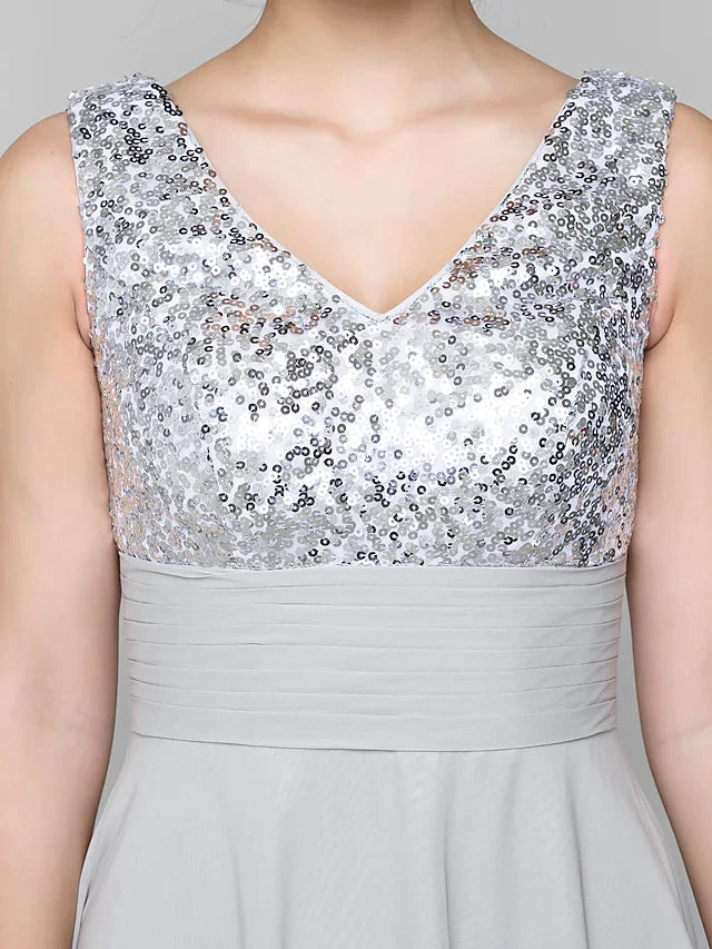 A-Line Mother of the Bride Dress Sparkle & Shine Bateau Neck Ankle Length Chiffon Sleeveless with Sash Ribbon Sequin