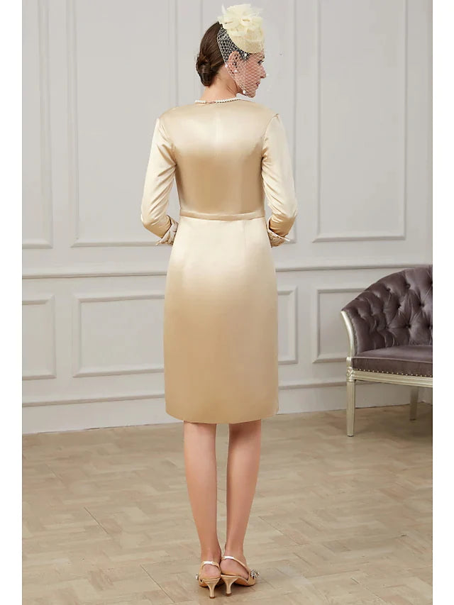 Mother of the Bride Dress Plus Size Jewel Neck Knee Length Lace Polyester 3/4 Length Sleeve with Lace Appliques Ruching