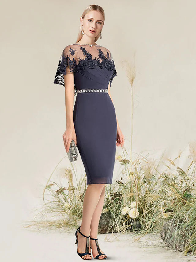 DingjiConvertible Elegant Wedding Guest Cocktail Party Dress Strapless Short Sleeve Knee Length Lace with Lace Insert Appliques