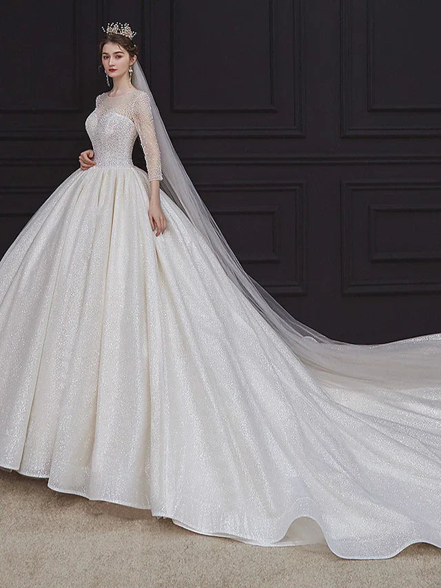 DingjiPrincess Ball Gown Wedding Dresses Jewel Neck Chapel Train Lace Tulle Sequined Long Sleeve Formal Romantic Luxurious Sparkle & Shine with Beading Sequin