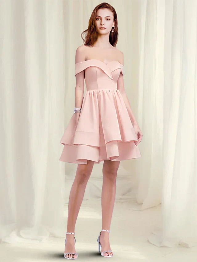 A-Line Empire Minimalist Homecoming Engagement Dress Off Shoulder Sleeveless Short Mini Satin with Tier
