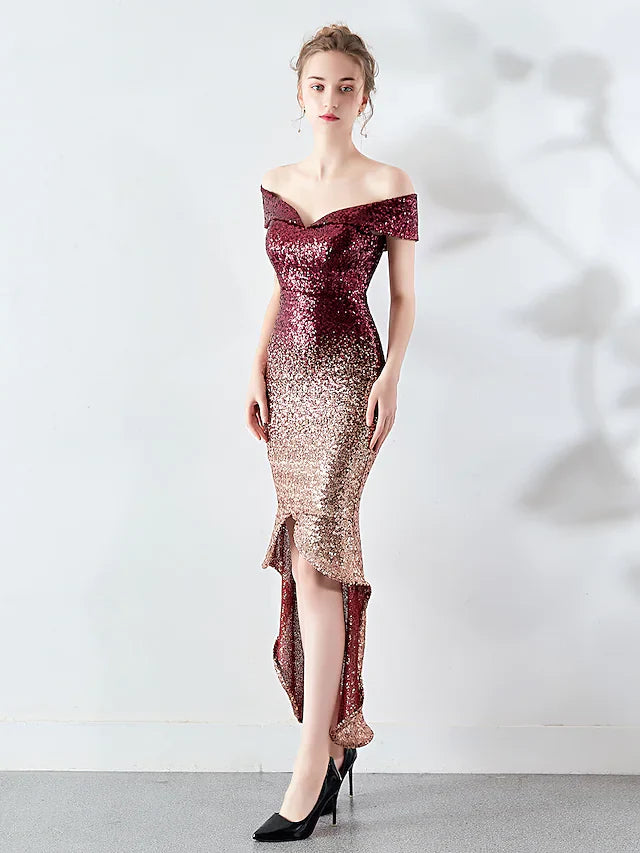 DingjiSexy Wedding Guest Cocktail Party Dress Off Shoulder Sleeveless Asymmetrical Sequined with Sequin