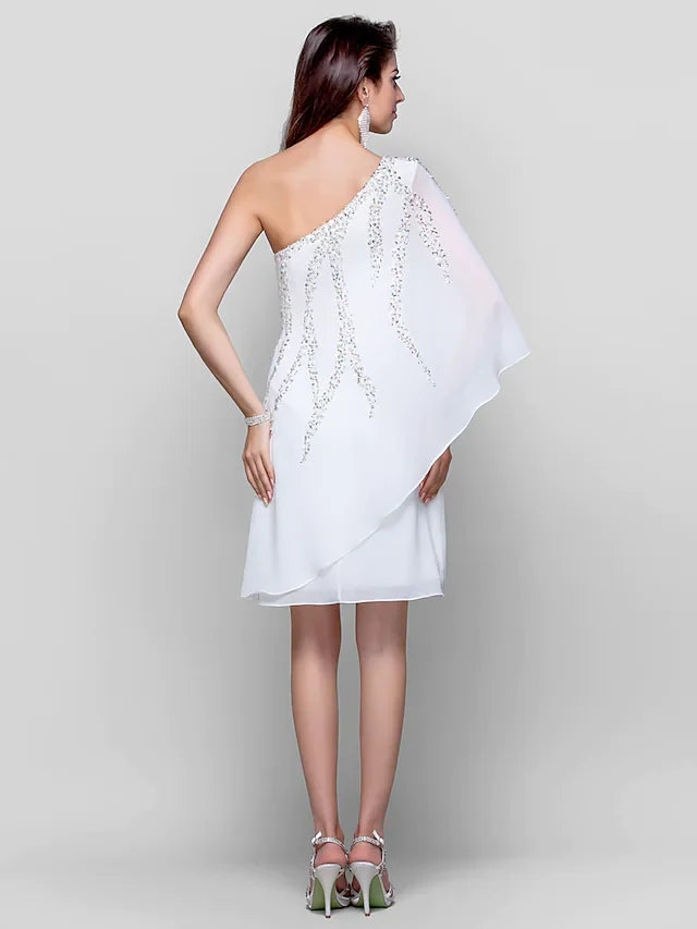DingjiSparkle White Wedding Guest Cocktail Party Dress One Shoulder Sleeveless Knee Length Chiffon with Sequin