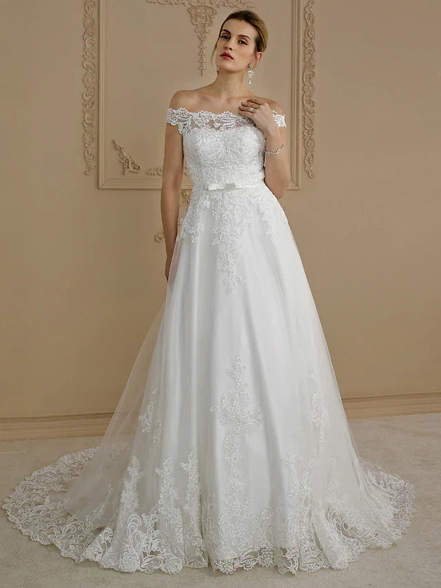 DingjiBall Gown Wedding Dresses Off Shoulder Court Train Lace Tulle Cap Sleeve Country Glamorous See-Through Plus Size Backless with Sashes Ribbons Bow(s) Buttons