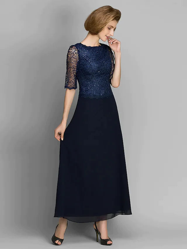 Mother of the Bride Dress See Through Jewel Neck Ankle Length Chiffon Half Sleeve with Lace Pleats