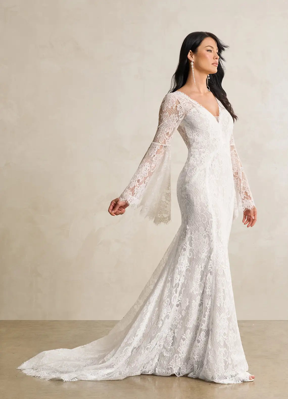 Keyhole back with fabric button closure Bohemian Lace Mermaid Wedding Dress with Bell Sleeves