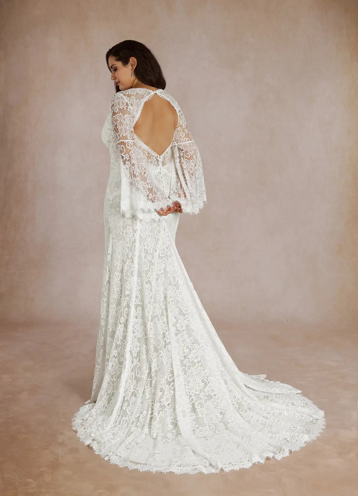Keyhole back with fabric button closure Bohemian Lace Mermaid Wedding Dress with Bell Sleeves