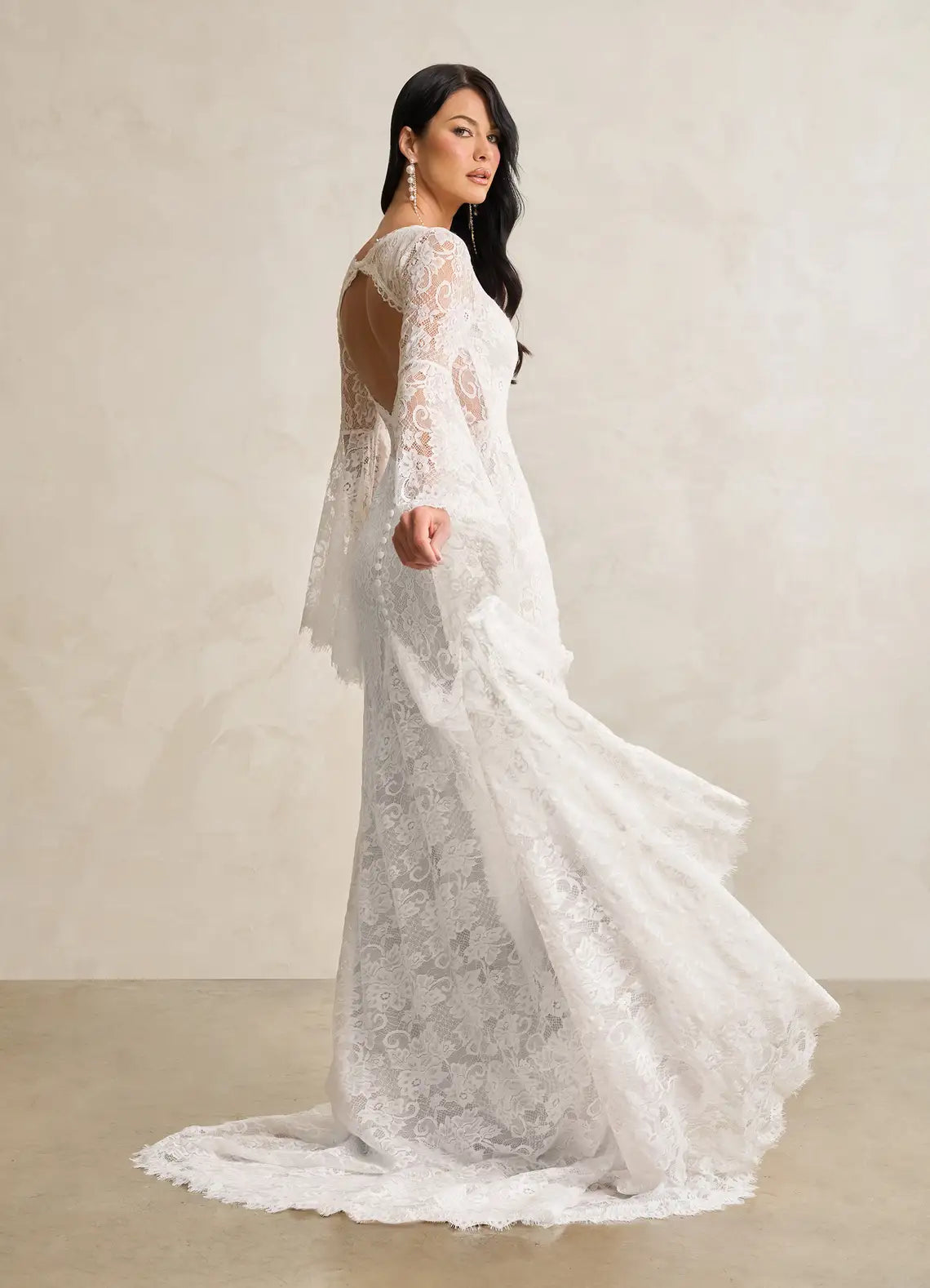 Keyhole back with fabric button closure Bohemian Lace Mermaid Wedding Dress with Bell Sleeves