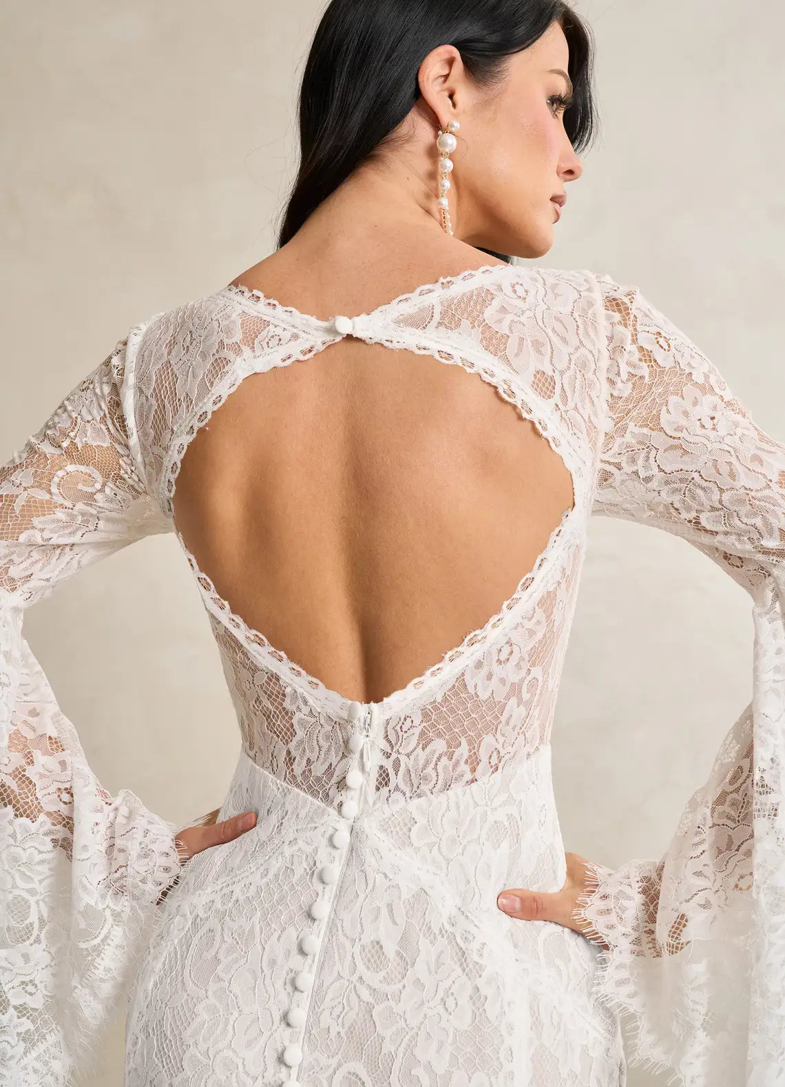 Keyhole back with fabric button closure Bohemian Lace Mermaid Wedding Dress with Bell Sleeves