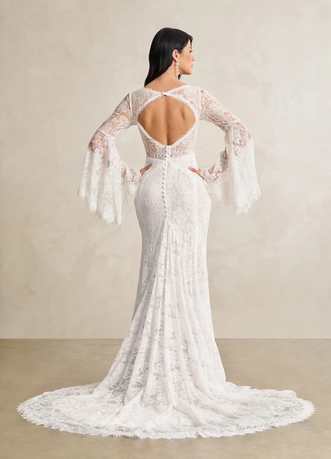 Keyhole back with fabric button closure Bohemian Lace Mermaid Wedding Dress with Bell Sleeves