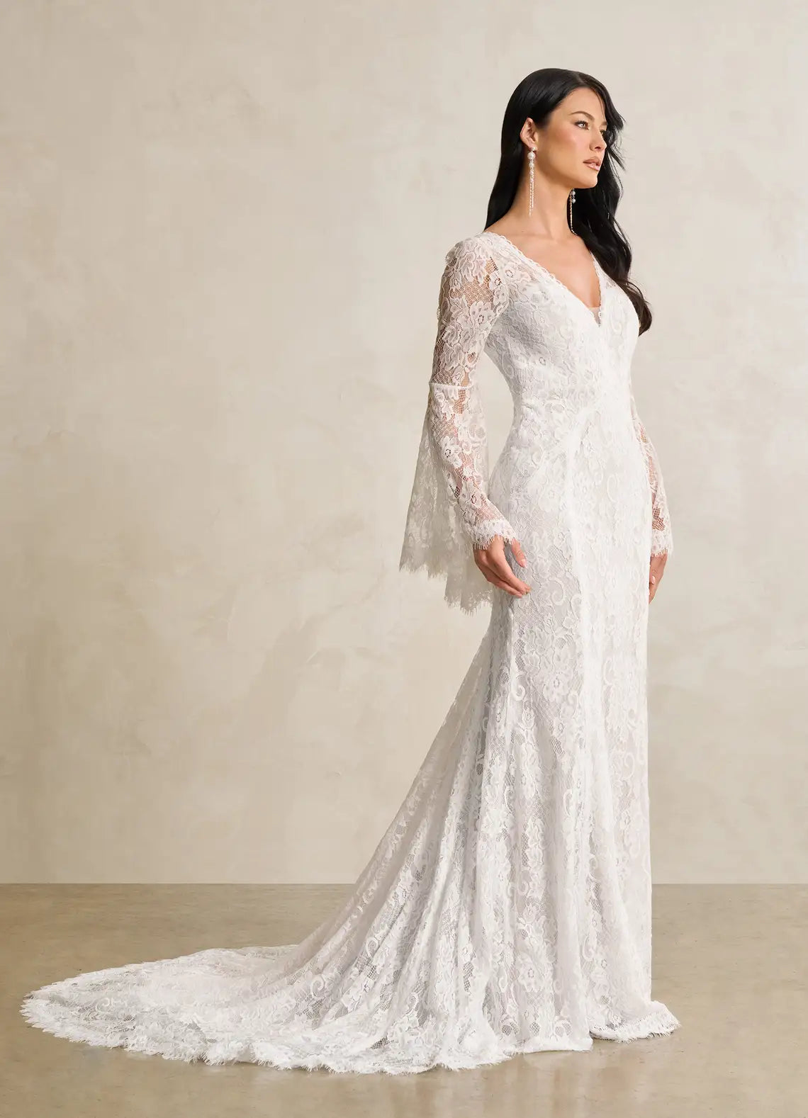 Keyhole back with fabric button closure Bohemian Lace Mermaid Wedding Dress with Bell Sleeves