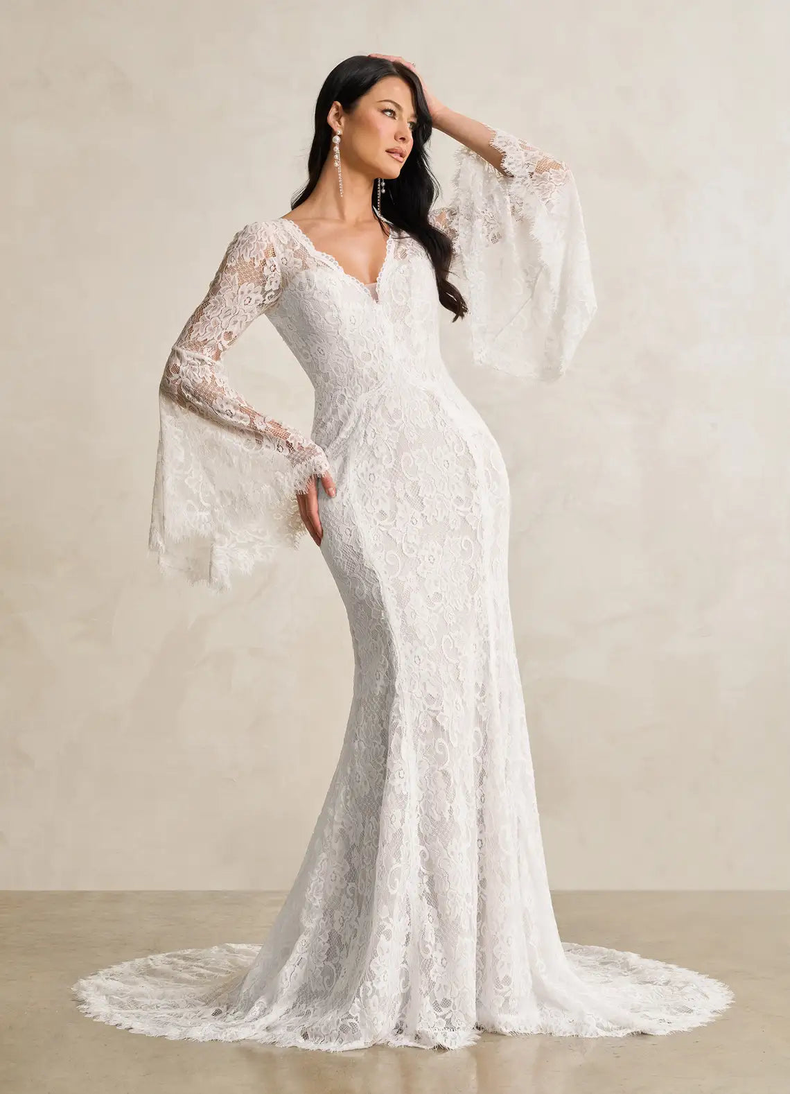 Keyhole back with fabric button closure Bohemian Lace Mermaid Wedding Dress with Bell Sleeves