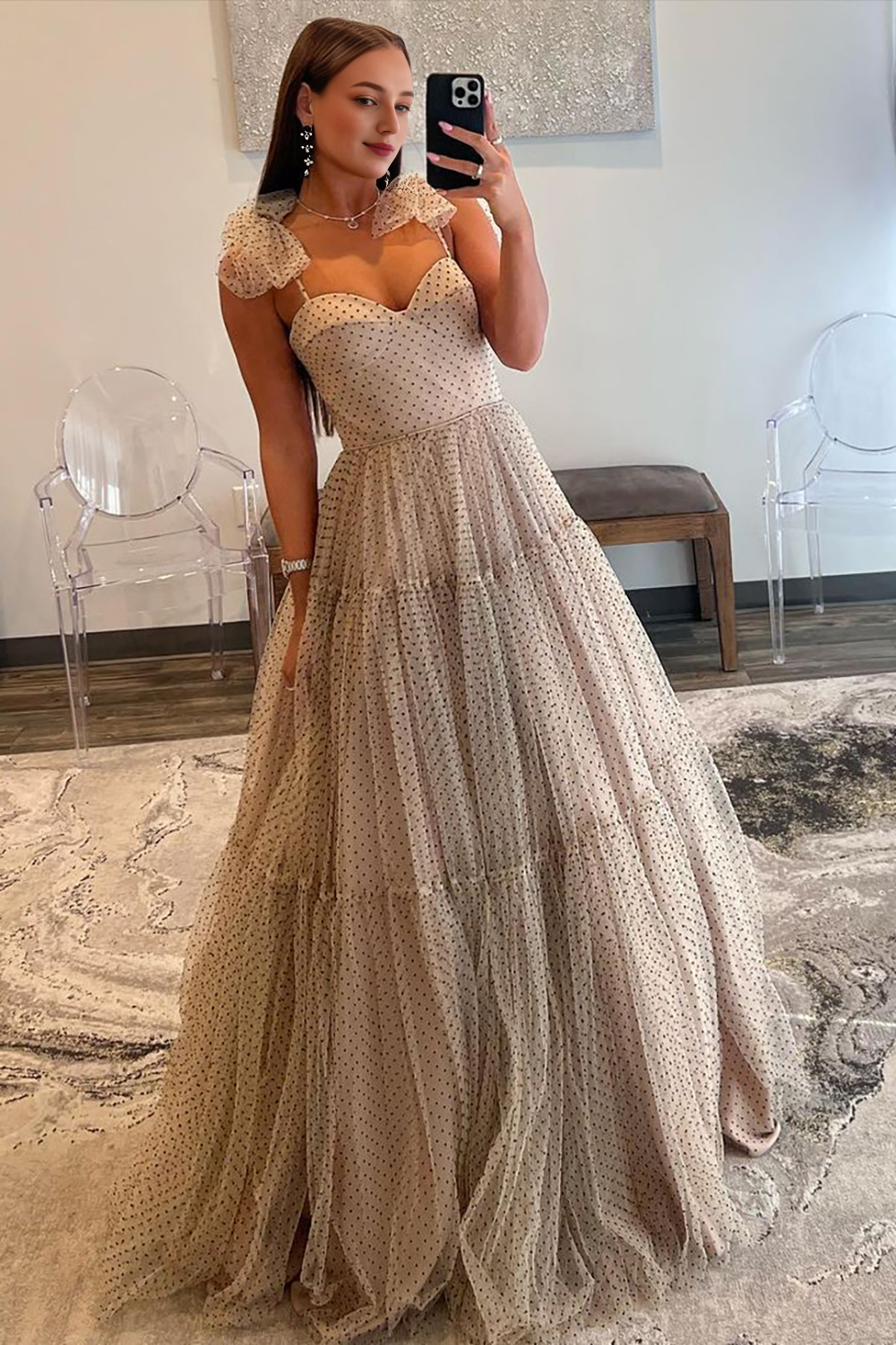 A-Line Tie Straps Zipper Back Long Tulle Prom Dress