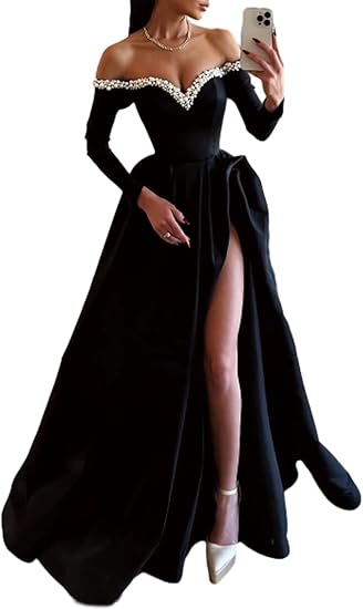 A-Line Sexy Evening Dress Formal Prom Dress Sweep/Brush Train Long Sleeve Off Shoulder Satin with
