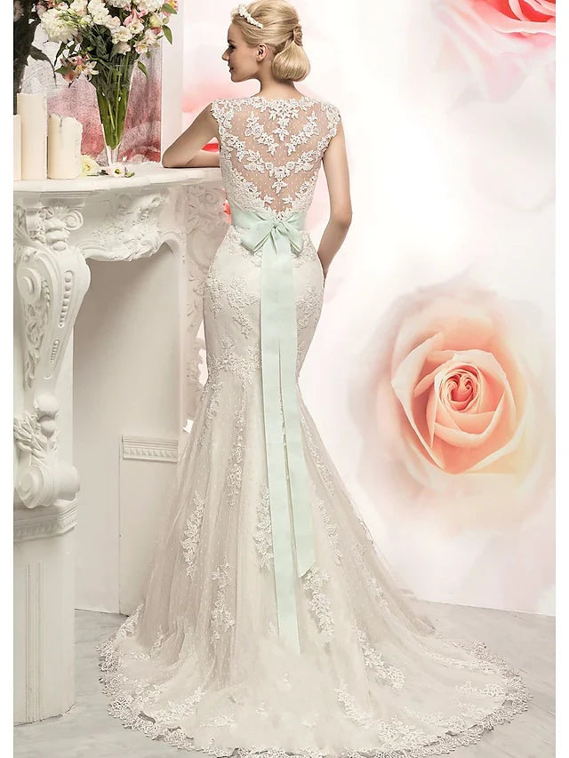 DingjiMermaid Trumpet Wedding Dresses Jewel Neck Court Train Lace Tulle Cap Sleeve with Appliques