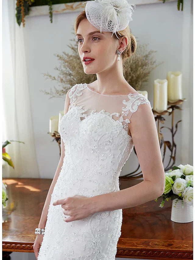 Wedding Dresses Illusion Neck Court Train Tulle Sleeveless Sparkle & Shine with Beading Appliques