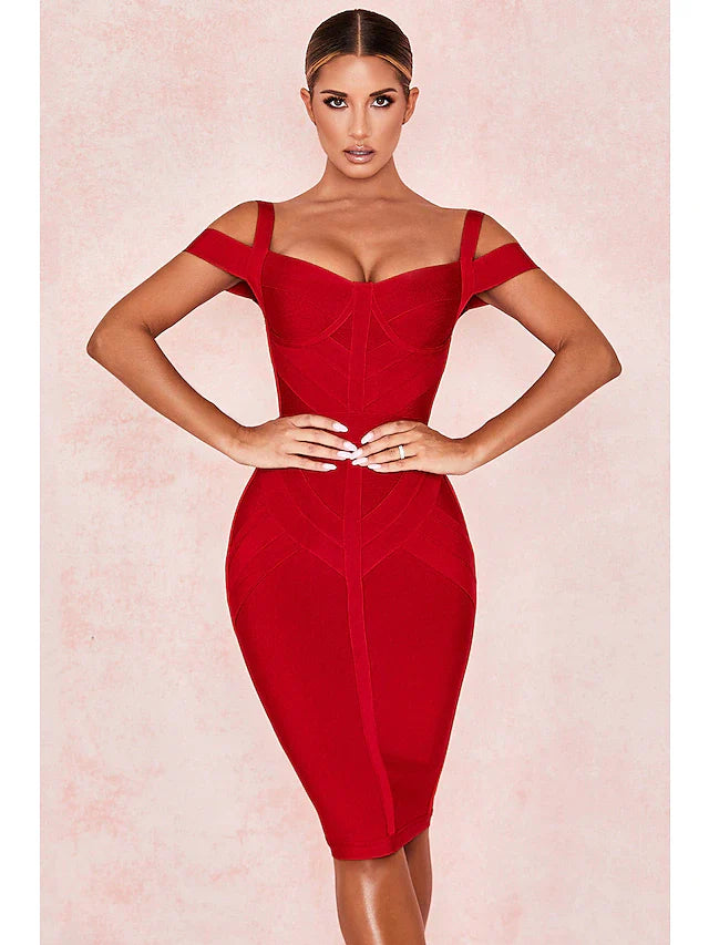 DingjiHot Sexy Party Wear Cocktail Party Valentine's Day Dress Off Shoulder Sleeveless Knee Length Spandex with Sleek