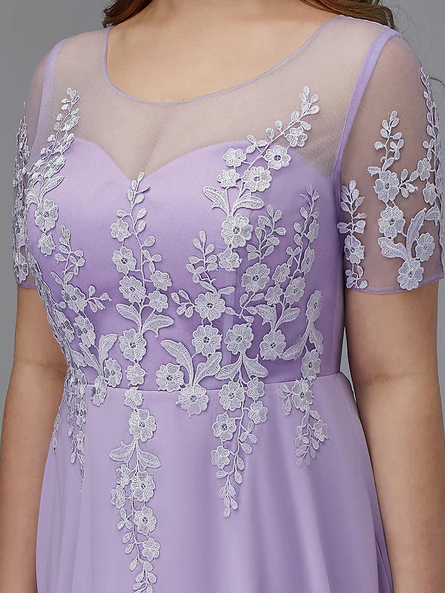 DingjiA-Line Plus Size Homecoming Cocktail Party Dress Illusion Neck Short Sleeve Knee Length Chiffon Lace with Appliques