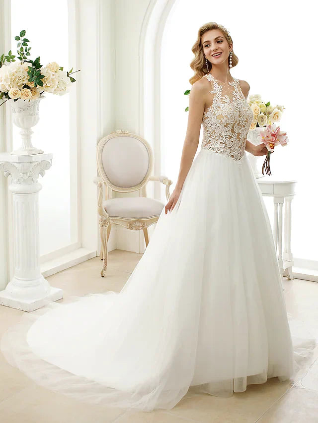 DingjiBall Gown Wedding Dresses Jewel Neck Chapel Train Lace Tulle Lace Over Tulle Regular Straps See-Through Beautiful Back with Buttons Appliques