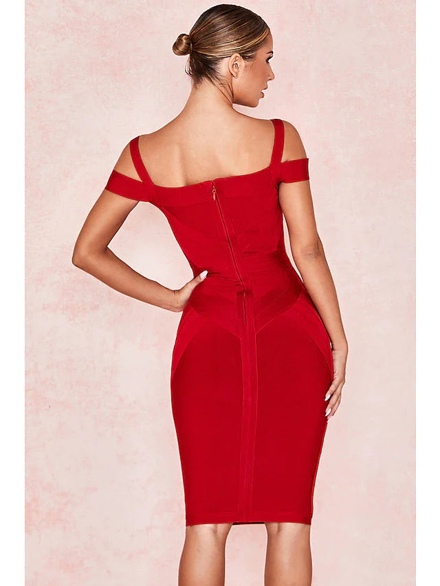 DingjiHot Sexy Party Wear Cocktail Party Valentine's Day Dress Off Shoulder Sleeveless Knee Length Spandex with Sleek