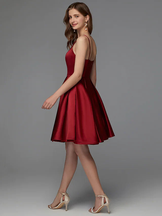 DingjiA-Line Hot Homecoming Cocktail Party Valentine's Day Dress V Neck Sleeveless Short Mini Satin with Pleats