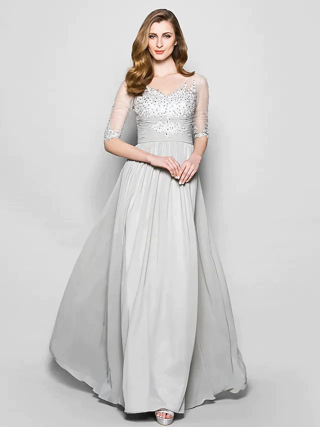 A-Line Mother of the Bride Dress V Neck Floor Length Chiffon Tulle Half Sleeve with Ruched Beading Sequin