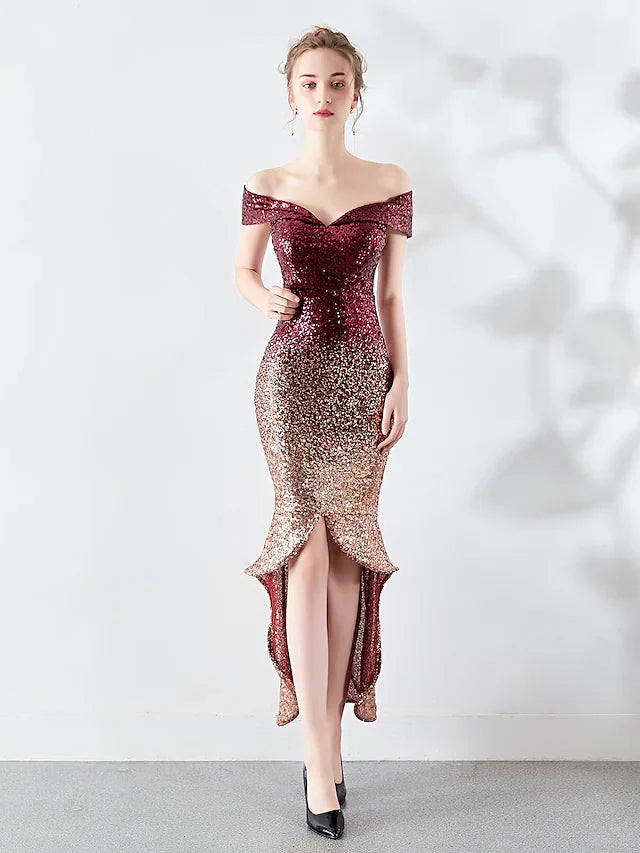 DingjiSexy Wedding Guest Cocktail Party Dress Off Shoulder Sleeveless Asymmetrical Sequined with Sequin