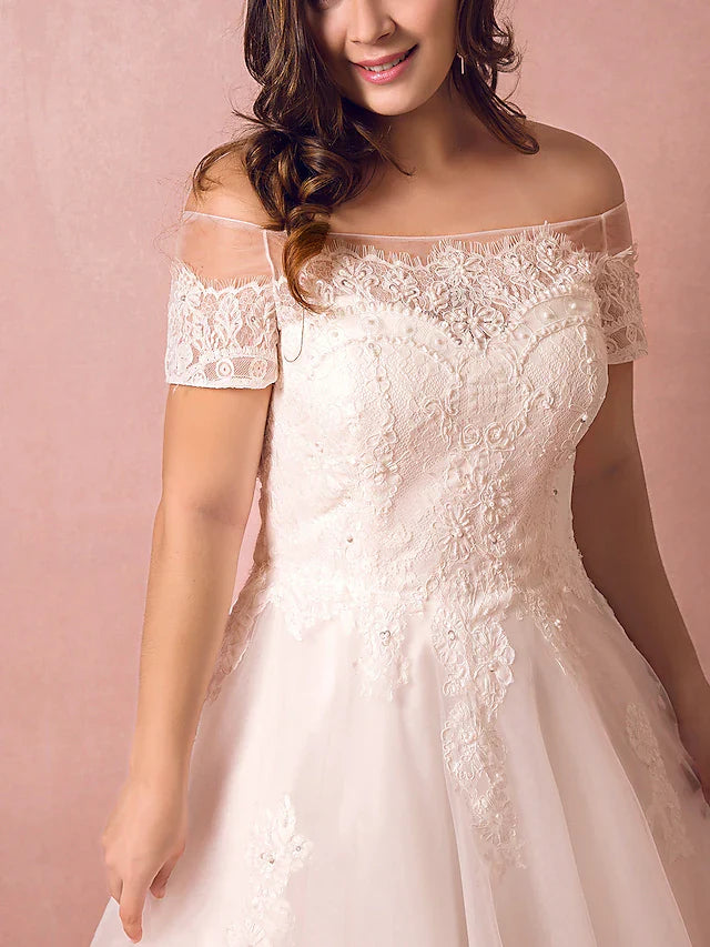 DingjiA-Line Wedding Dresses Off Shoulder Floor Length Lace Satin Tulle Short Sleeve Formal Plus Size with Lace Pearls Lace Insert
