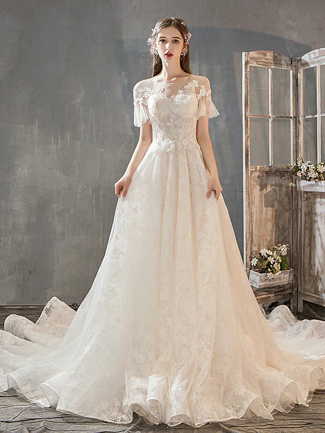 DingjiPrincess A-Line Wedding Dresses Jewel Neck Court Train Lace Tulle Short Sleeve Romantic with Bow(s) Beading Appliques
