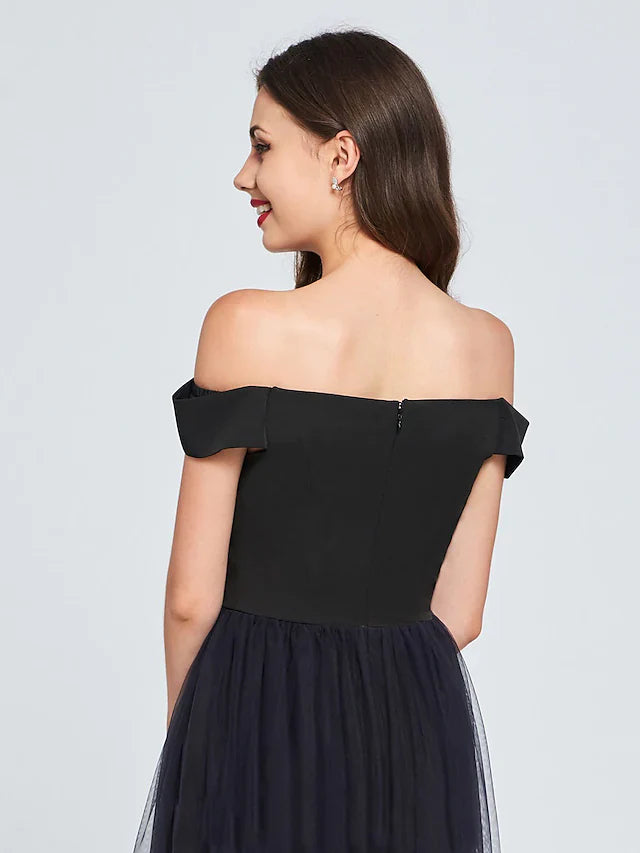 DingjiMinimalist Sexy Engagement Cocktail Party Dress Off Shoulder Sleeveless Short Mini Tulle with Pleats
