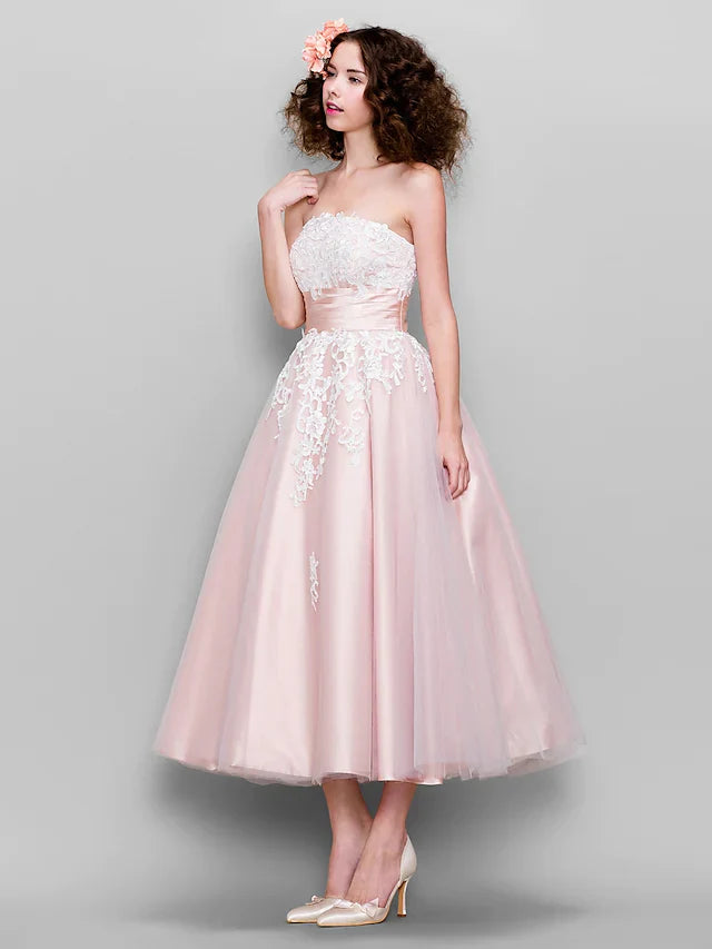 DingjiBall Gown Wedding Guest Prom Dress Strapless Sleeveless Ankle Length Tulle Stretch Satin with Appliques