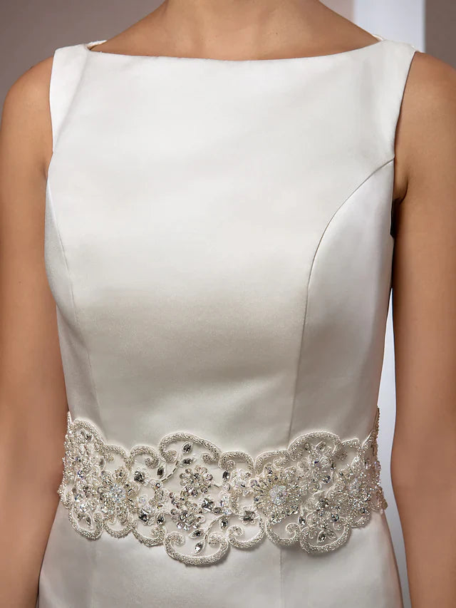 Dingji Wedding Dresses Bateau Neck Cathedral Train Satin Regular Straps Vintage Inspired with Beading