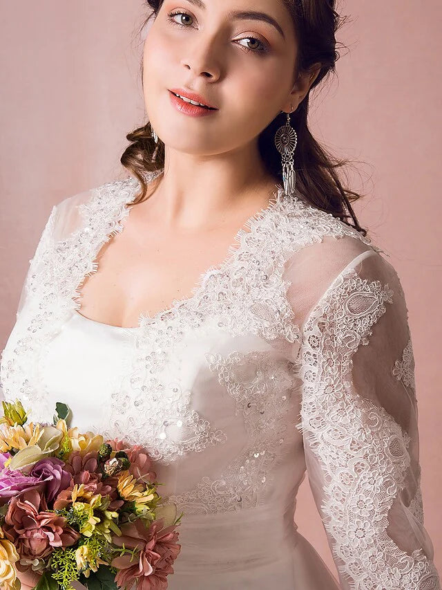 A-Line Wedding Dresses Jewel Neck Court Train Lace Long Sleeve Country Illusion Sleeve