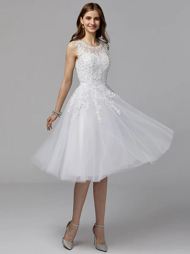 DingjiA-Line Elegant Floral Homecoming Prom Dress Illusion Neck Sleeveless Tea Length Lace Satin with Beading Appliques