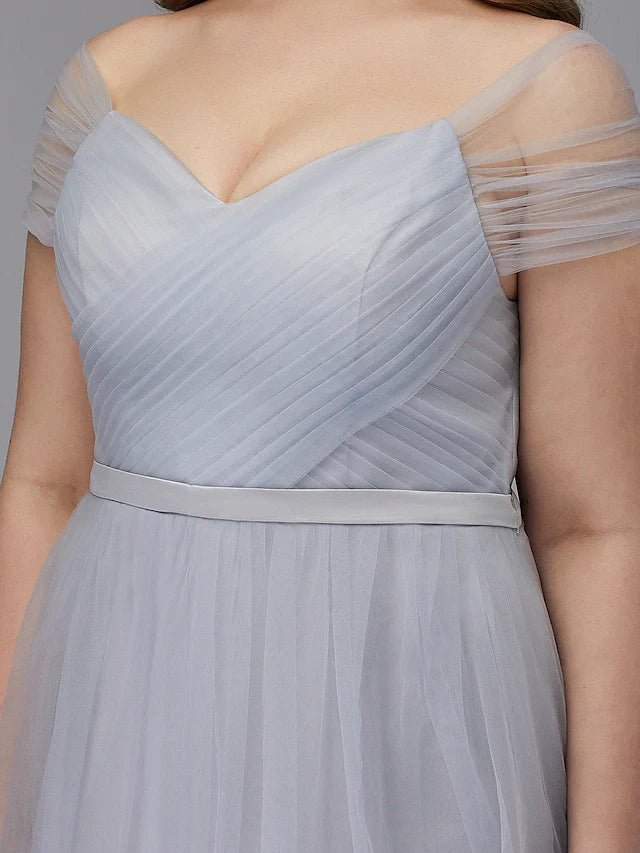 DingjiA-Line Elegant Cocktail Party Prom Dress Off Shoulder Short Sleeve Tea Length Tulle with Sash Ribbon Criss Cross