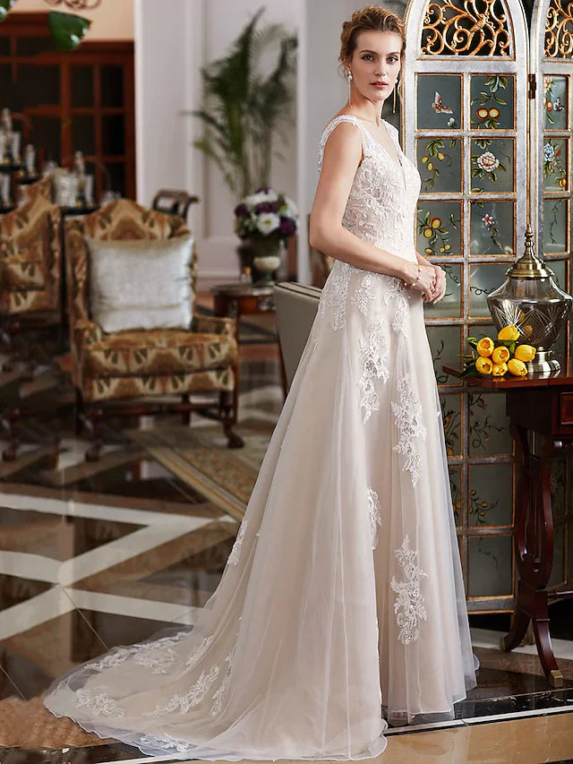 DingjiA-Line Wedding Dresses V Neck Court Train Lace Tulle Regular Straps Romantic Illusion Detail with Beading Appliques